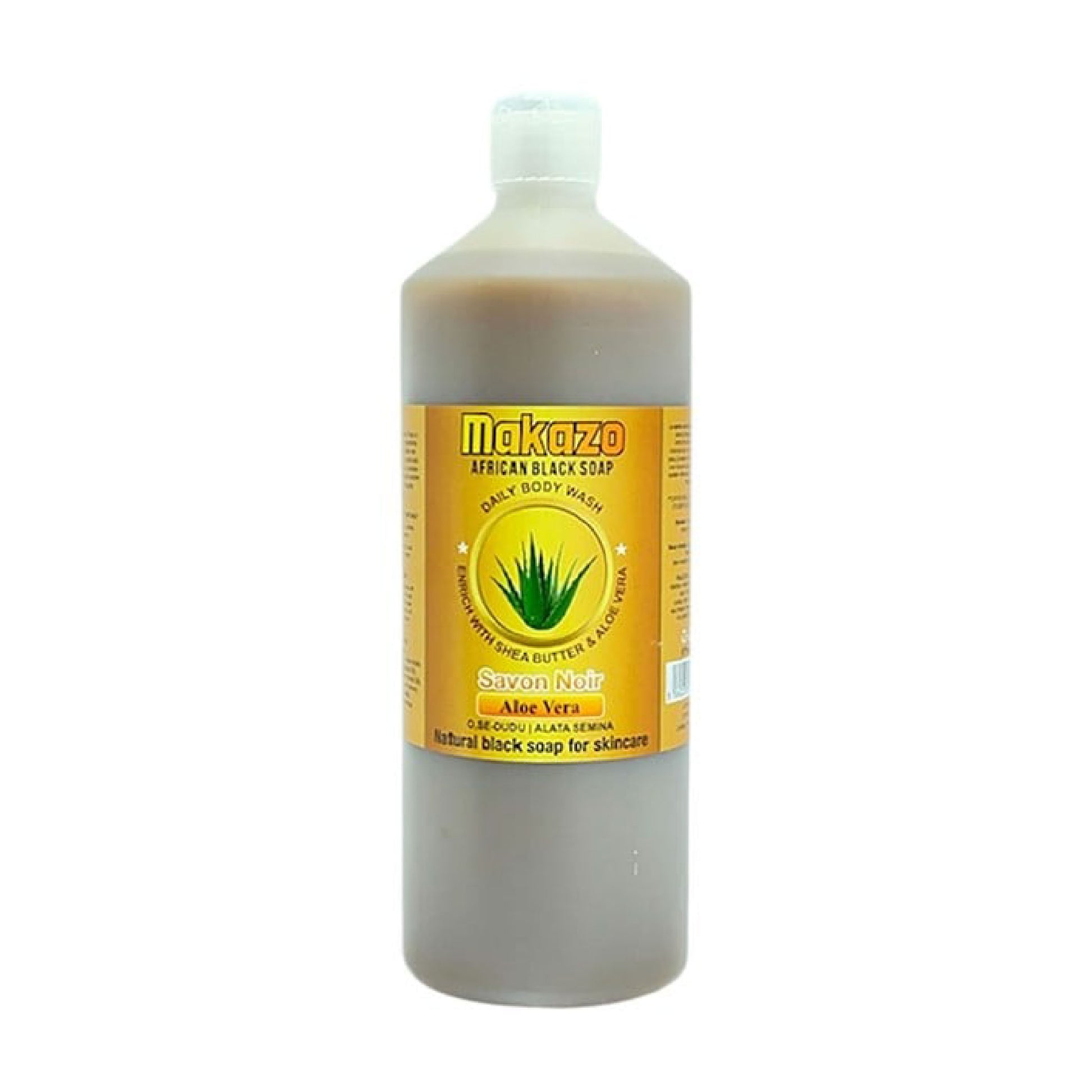 Bottle of Makazo African Black Soap with a yellow label on a white background