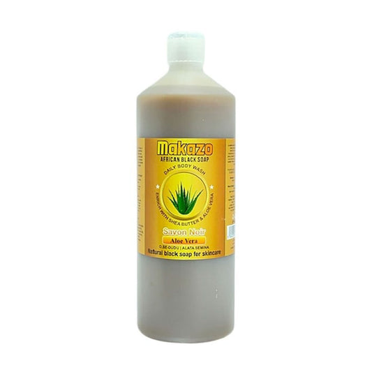 Bottle of Makazo African Black Soap with a yellow label on a white background