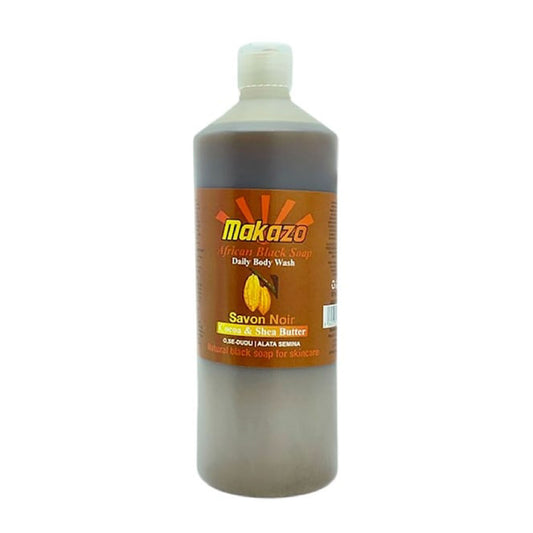 Bottle of Makazo Savon Noir (Cocoa and Shea butter) soap on a white background