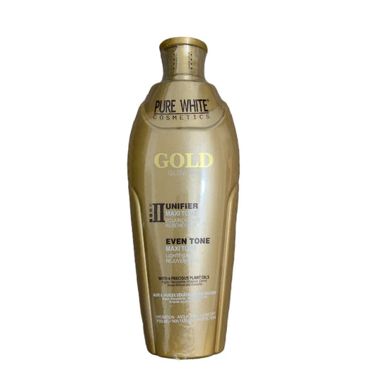 Gold bottle of Pure White Cosmetics Gold Glowing on a white background