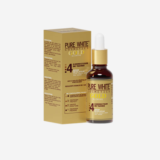 Pure White Cosmetics Gold bottle with dropper and packaging on a white background