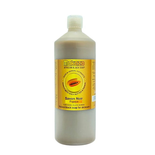 Bottle of Makaza African Black Soap Papaya with a yellow label on a white background