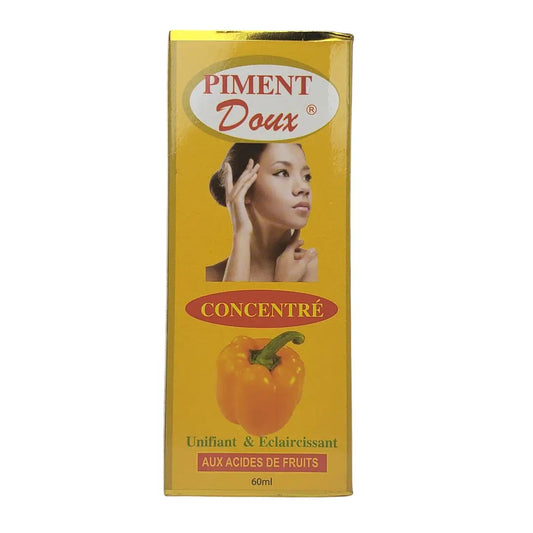 Piment Doux skincare product packaging with a woman's face and bell pepper on a yellow background