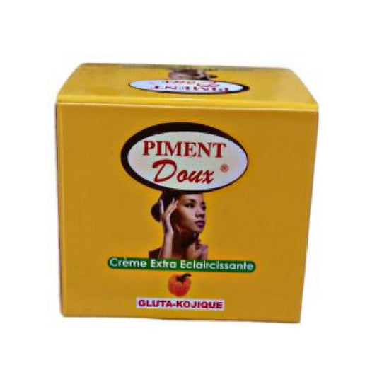 Yellow box with 'Piment Doux' branding and a woman's face on the label.