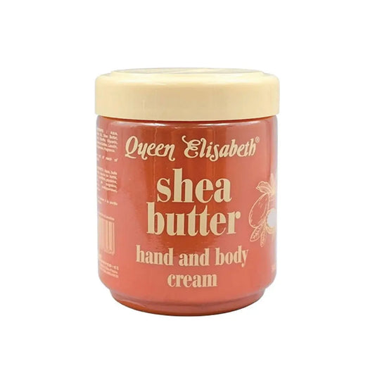 Jar of Queen Elizabeth shea butter hand and body cream on a white background