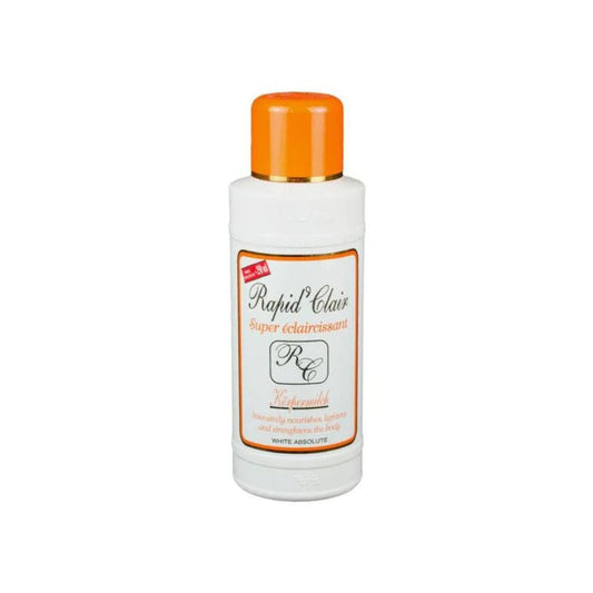 Rapid Clair Super Éclaircissant body in a white bottle with an orange lid