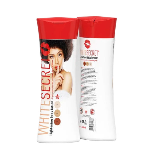 Two bottles of White Secret lightening body lotion on a white background
